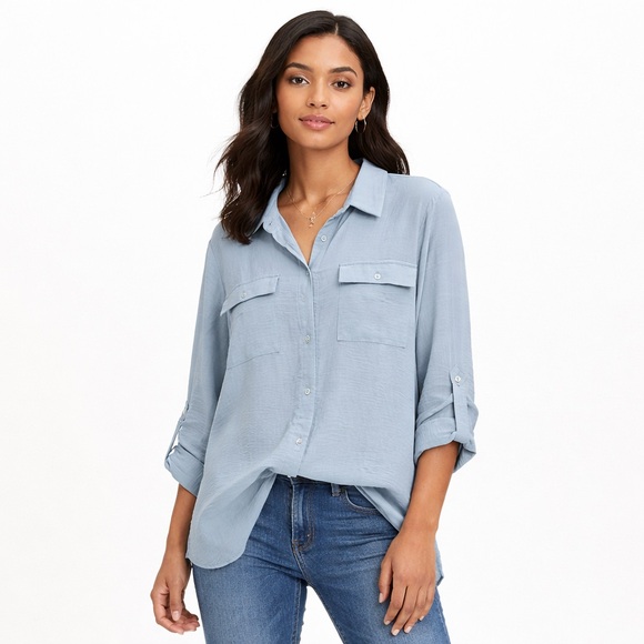 Hilary Radley Tops - Hilary Radley Blue Utility Button Front Blouse Long Sleeve L